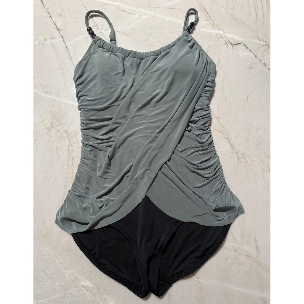 Magicsuit Crossover Shirred Swimdress Draped One Piece Swimsuit Sage Black 12